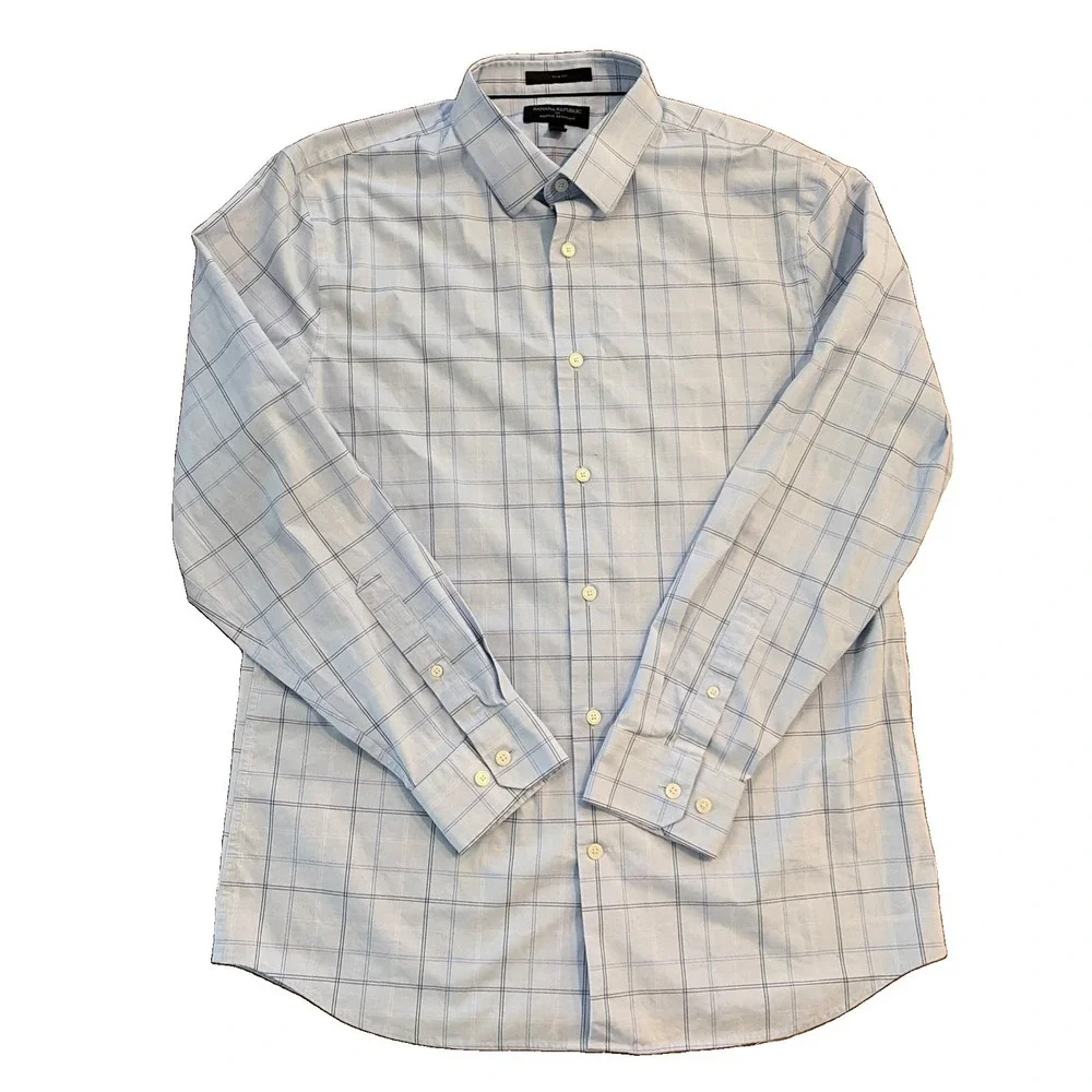Banana Republic Wrinkle Resistant Slim Fit Blue/White Plaid Dress Shirt L